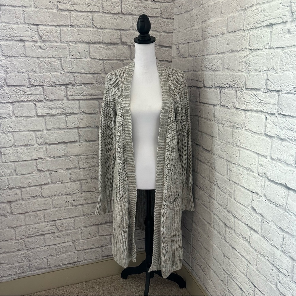 moth cozy gray open-front long cardigan featuring a textured cable-knit pattern